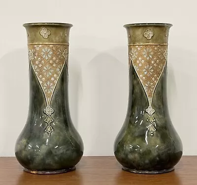Buy 2 Vintage Royal Doulton Lambeth Stoneware Green Art Nouveau Vase Pair 834B 12” • 141.76£
