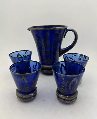 Buy Vintage Cobalt Blue Glass Jug & 4 Cups With Pewter Details GC (AN_7543) • 30£