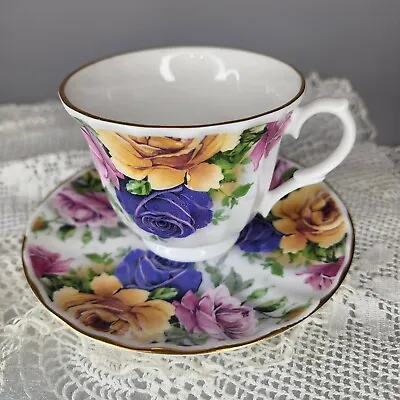 Buy Fine Bone China Tea Coffee Cup Saucer Set Purple Rose Floral Ribbed Crown Trent  • 25.51£