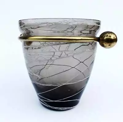 Buy Vintage Mid Century Modernist Crackle Smoke Glass Vase With Brass Application • 38.42£