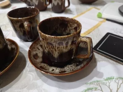 Buy 6 Fosters Studio Pottery Honeycomb Drip Glaze Teacups With Saucers • 10£