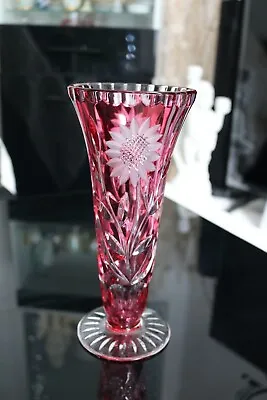 Buy Vintage Bohemian Cranberry Cut To Clear Footed Crystal Vase H-22cm/8.5inch • 23.99£