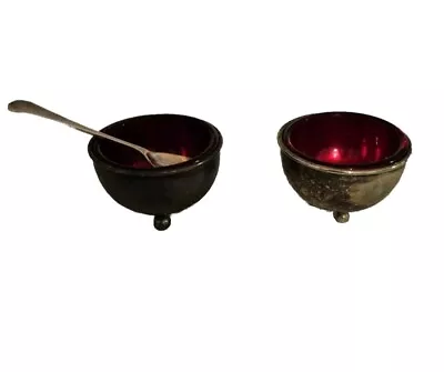 Buy  Pair Of Silver-plated Salt Bowls With Original Spoon And Cranberry Glass Liners • 15£