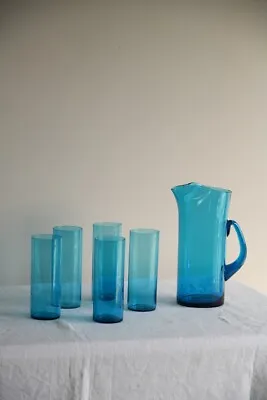 Buy Vintage Whitefriars Blue Glass Water Jug Pitcher & 5 Drinking Glasses Tumblers • 125£