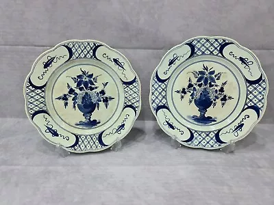 Buy Pair Of Antique / Vintage Delft Blue & White Flower Bouquet Plates #83 • 75£