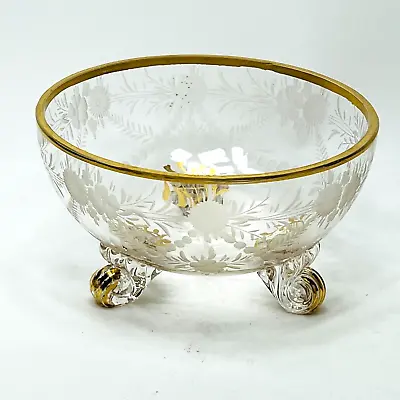 Buy Vintage Fostoria Gold Trim With Etched Flowers On Clear Glass 3 Footed Bowl  4  • 25.09£