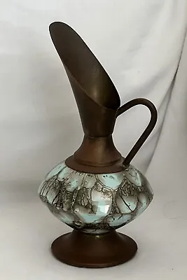 Buy Vintage Mid Century Hand Painted Delftware Brass Vase Pitcher Portugal Art Deco  • 23.65£