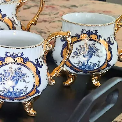 Buy RK Dresden RARE Cauldron Shape Cups Mugs Set Of 4 W/Sugar Bowl Cobalt Gold Gilt • 231.34£