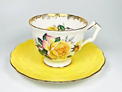 Buy Aynsley Crocus Shape Tea Cup And Saucer With Yellow Pink Roses Gold Trim • 47.24£