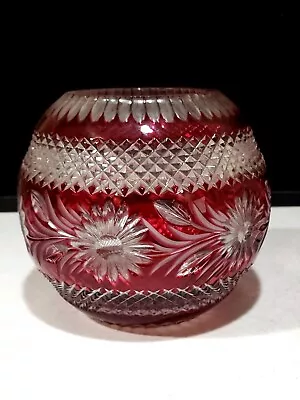 Buy Vintage Bohemian Czech Floral Cut To Clear Cranberry Red Crystal Rose Bowl Vase • 225.12£