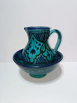 Buy VTG Moroccan Handmade Signed Glazed Safi Pottery Jug+Bowl Turquoise Terracotta  • 65£