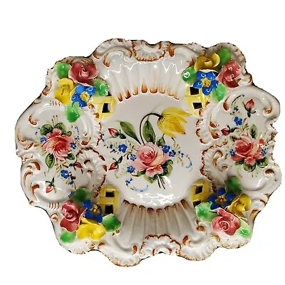 Buy Ceramic Pottery Dish Bowl Cut Out Design Blue Pink Yellow Floral Flower Italy • 6.67£