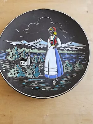 Buy Vintage  AWF Norwegian Black Pottery Hand Made Enamelled Wall Plate Folk Art • 10£