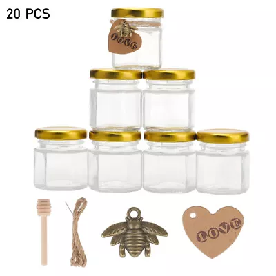 Buy 20pcs Hexagon Mini Glass Jam Honey Jars Storage Pot With Wooden Dipper Gold Lids • 11.95£
