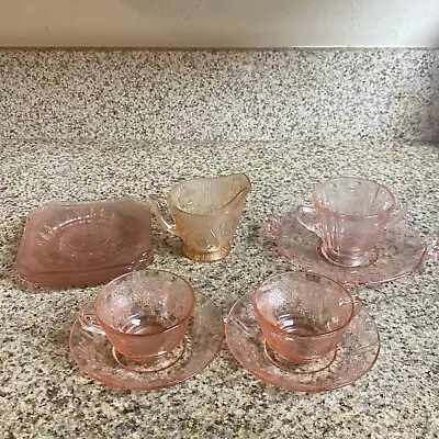 Buy Lot Of 11 Vintage Pink Depression Glass Creamer And Sugar, Plates, And Cups • 33.62£