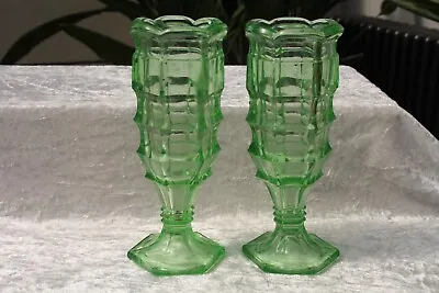 Buy Pair Of Tall Davidson Sowerby Jacobean Green Glass Pedestal Vase Hexagonal Base • 18£