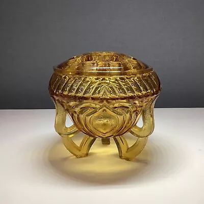 Buy Art Deco Sowerby Amber Glass Rose Bowl With Glass Flower Arranging Frog Lid • 14.99£