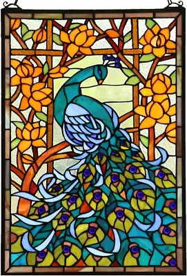 Buy W10011 Peacock Tiffany Style Stained Glass Window Panel Hangings With Chain • 225.83£