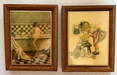 Buy 2 Framed Ceramic Art Tiles In Oak Frames Girl Doing Laundry And Girl In Bathtub • 11.80£