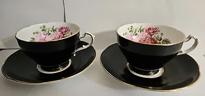 Buy 2 Vintage Adderley Black With Chrysanthemum Pattern Tea Cup & Saucer  • 33.61£