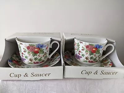 Buy Roy Kirkham Large  Breakfast Cup And Saucer X 2 - Flowers And Fruit Cottagecore  • 24.90£