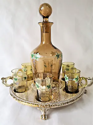 Buy Art Nouveau WMF Metal Tray & 6 Vine Enamelled Glasses & Decanter Set. Signed • 145£