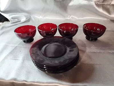 Buy Lot Of 9 Vintage Ruby Red Glassware Cups And Snall Plates • 19.26£