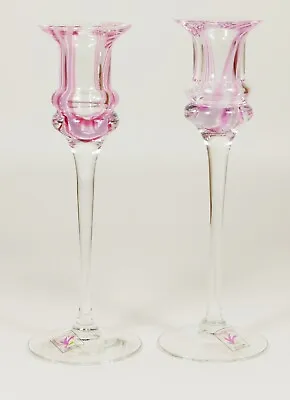 Buy Beautiful Pair Of Slender Caithness Art Glass Pink And Clear Candle Sticks • 28.99£
