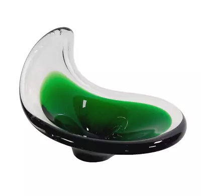 Buy Freeform Glass Sculpture Bowl Green & Clear Swedish Coquille Style Vintage 1950s • 19.95£