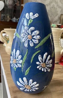 Buy Vintage Studio Pottery Blue Daisy Vase, Signed On The Base And On Artwork 24cm • 15.95£
