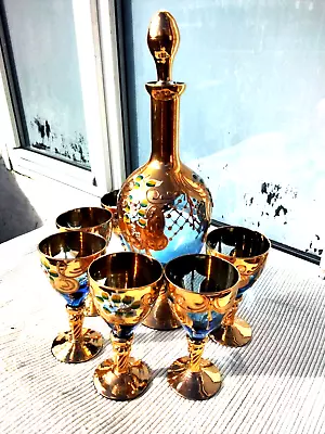 Buy VINTAGE CZECH BOHEMIAN BLUE & GOLD GLASS SET - DECANTER With SIX WINE GLASSES • 59£