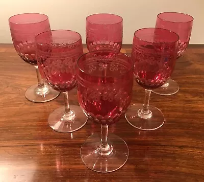 Buy Set 6 Beautiful Antique Edwardian Cranberry Cut & Engraved Port/Sherry Glasses. • 195£