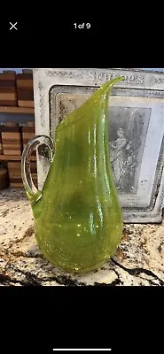 Buy Vintage Art Glass Crackle Glass Pitcher Lime Green Vintage Mid Century Modern • 42.66£