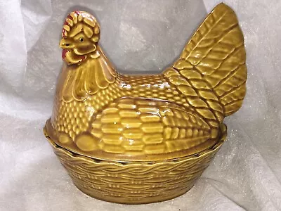 Buy Vintage Hen On Nest Egg Holder Ceramic Basket Brown Chicken With Red Crest! • 10£