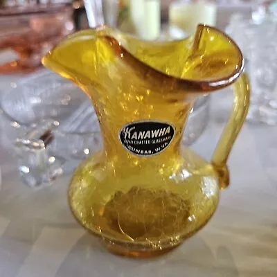 Buy Vintage Estate Amber Crackle Glass – Small Pitcher Applied Handle Ruffle Lip • 8.58£