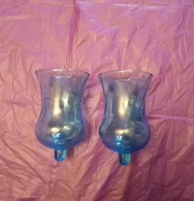 Buy Vintage Set Of 2 Blue Glass Optic Swirl Candle Holders • 15.43£