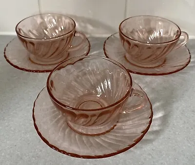 Buy Pink Depression  Arcoroc  Glassware Set Of 3 Rosaline Swirl Tea Cups & Saucers • 18.50£
