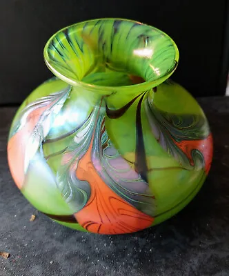 Buy OKRA IREDESCENT Fantasia Squat Vase,--GREEN AND ORANGE-HIGHT 4 /WIDTH 4 & HALF  • 69.99£