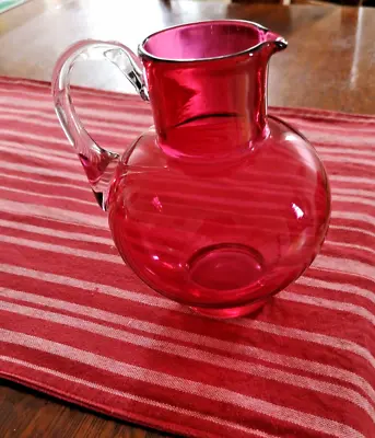 Buy Antique Victorian? Cranberry Glass Jug Pitcher Clear Handle Polished Pontil Mark • 15£