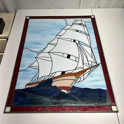 Buy VTG STAINED LEADED GLASS WINDOW HANGING PANEL COLORFUL SAIL BOAT SEASCAPE Large! • 142.26£