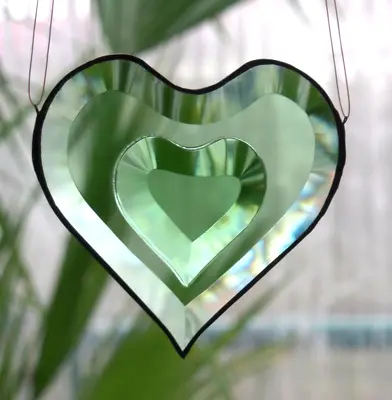 Buy Leaded Glass Window Picture Suncatcher   Green Facets Double Heart   IN Tiffany • 30.31£