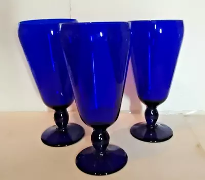 Buy Set Of 3 Tall Cobalt Blue Glass Wine Or Water Goblets Glasses 6 3/4 Inches Tall • 26£