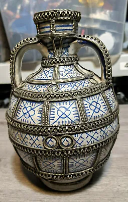Buy Antique Moorish Moroccan 7.5  Blue White Ceramic Urn Vase Jar W/Silver Filigree • 388.37£