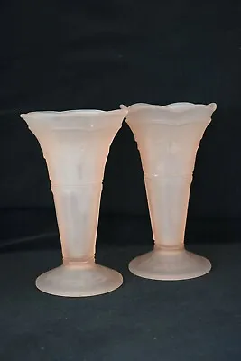 Buy Pair Of Art Deco Pink Frosted Pressed Glass Sowerby Vases • 16.99£