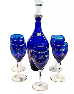 Buy Vtg Czech Bohemia Glass Cordial Wine Cobalt Blue GoldTrim Decantor 5 Glasses Set • 75.89£