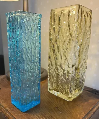 Buy Mid Century Ingridglas Yellow Bark Glass Vase & Blue Davidson Brama Bark Vase • 9.99£