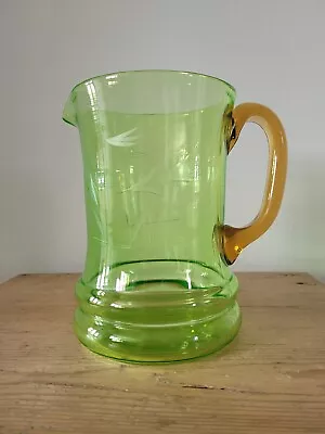 Buy Vintage Uranium Glass Jug/ Pitcher In Green With An Amber Handle • 32£