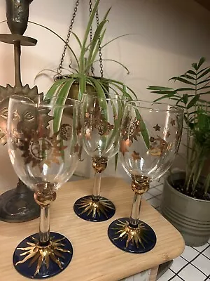 Buy Vintage Sun Moon Star Gold/Blue Wine Glass Set Of 3 90s Hand Painted Italy • 30£