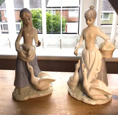 Buy 2  Lady Feeding Geese Lladro Style 8  Ornament Porcelain Figurine Vintage • 25.99£