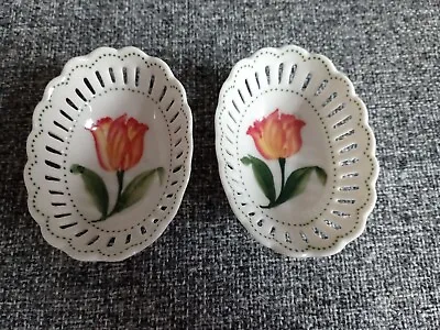 Buy Pair Delft Delfleur Handpainted Orange Tulips Pierced Sides Oval Trinket Dishes • 18£